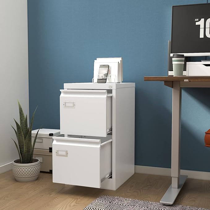 PEUKC 2-Drawer File Cabinet, 16.3" Deep Vertical Filing Cabinet with Lock, Metal File Cabinet for Home Office, Anti-Tip 2 Storage Drawers for Letter/Legal/A4/F4 Size (Assemble Required, White)