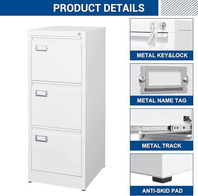 Fesbos 3 Drawers Vertical File Cabinets - 17.8" Deep Lockable Filing Cabinet - White Metal Storage Cabinets for Home Office to Hanging Files Letter/Legal/F4/A4 Size