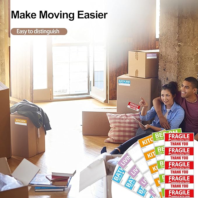 Yoget 42x90mm Large Home Moving Labels for Apartment Moving, 4 Different Color Coded Packing Stickers + 40Pcs Fragile Stickers + 40 Pcs Removable Blank Furniture Labels (240 Labels)