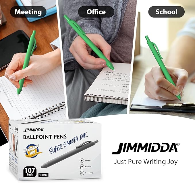 JIMMIDDA Ballpoint Pens Bulk - 107 Pcs Black Ink Pens in Bulk | 1.0 Medium Point Smooth Writing, Retractable No Bleed Ball Point Pen for Men Women (Green Barrel)