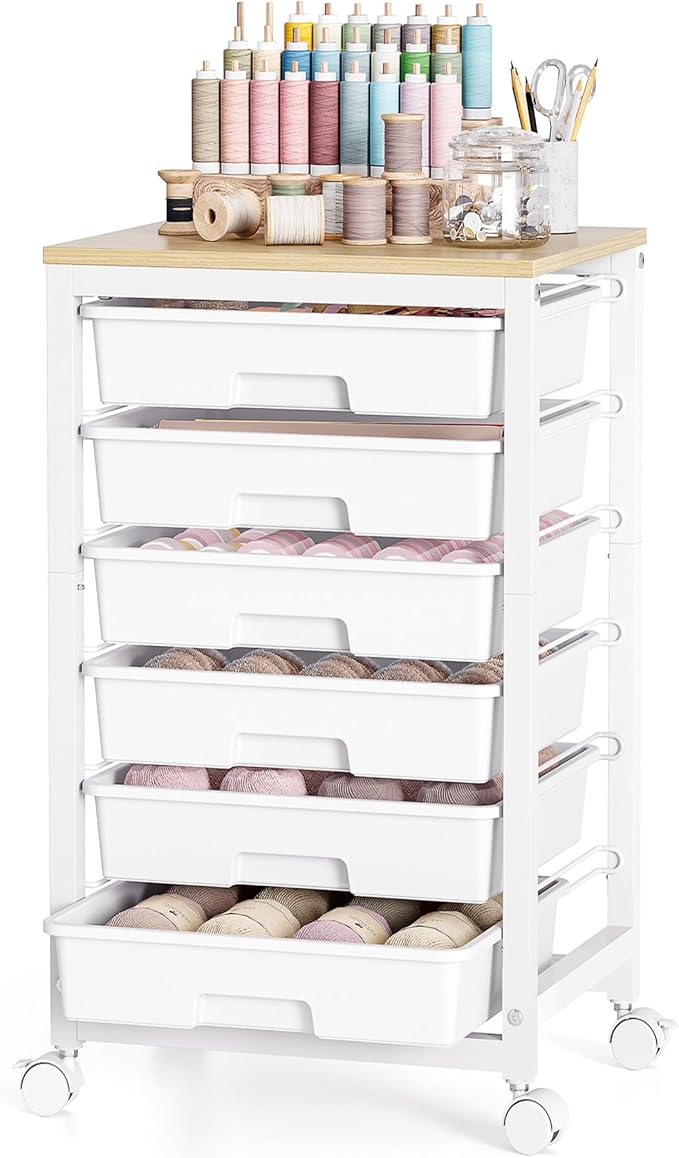SYKIARIOL Rolling Storage Utility Cart with 6 Drawers and Wooden Tabletop for Under Desk Storage,White