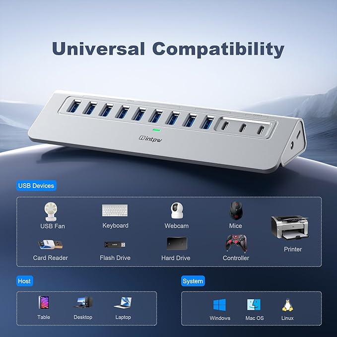 YH9AC Powered USB Hub 10Gbps, intpw 12 Port USB C Hub with 10Gbps USB C 3.2+2 USB A 3.2, 7 USB 3.0, 2 PD 45W Charging Port, 65W Power Adapter + 3.3FT Cable, Aluminum USB Hub for Laptop/iPhone 17/16/PC