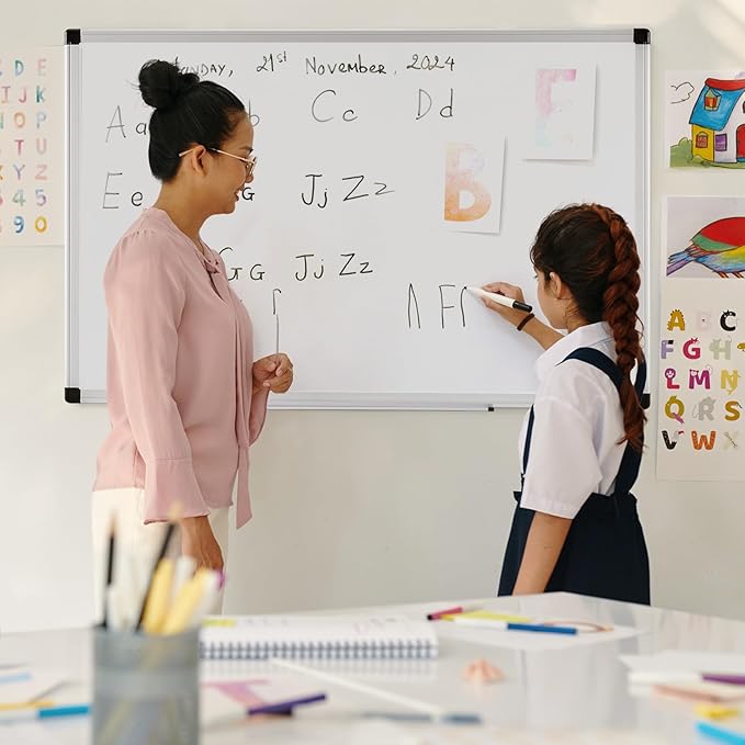 NEWBULIG White Board, 36" x 24" Magnetic Dry Erase Board for Wall with 1 Dry Eraser & 2 Multi-Color Markers & 4 Magnetic Pins, Silver Aluminum Frame for Office, Home, School