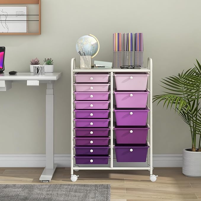 LDAILY 15 Drawer Rolling Storage Cart, Rolling Cart with Drawers for Classroom, Art Supply Craft Organizer on Wheel with Metal Frame & Handles for Home Office School