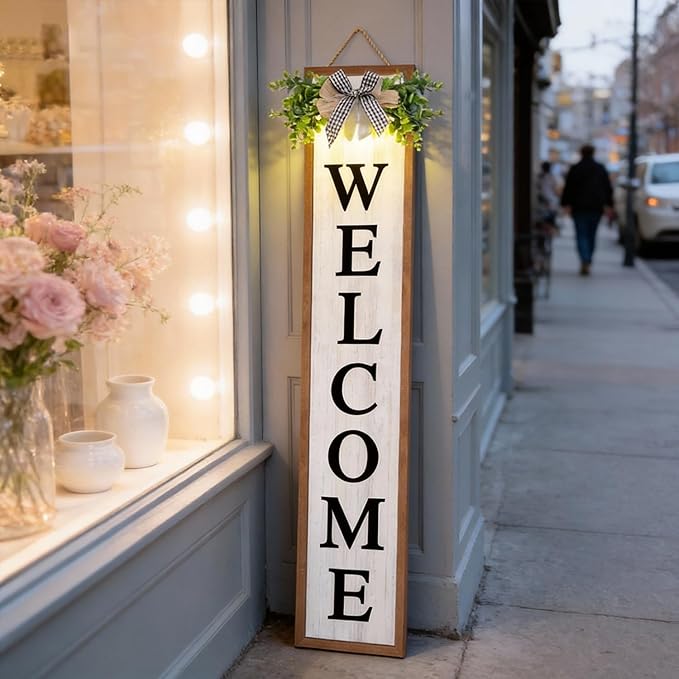 Double-sided Welcome Wooden Sign Stand with Magnetic-adhesive Wreath for Front Door, 47" Vertical Farmhouse Home Sweet Home Porch Sign for Outdoor Patio Garden, 2in1 Large Tall Porch Leaner Decor