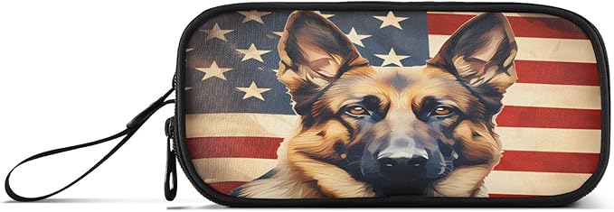 BOENLE Dog German Shepherd American Flag Pencil Case Box Boys Girls Large Pencil Pouch Zipper Compartments Big Capacity Stationery Pen Bag Organizer for Kids Teens Adults School