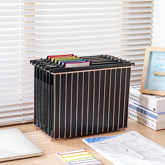 Hanging rose gold file manager, equipped with 6 letter sized plastic organ folders, file baskets, file boxes, storage boxes, office and study supplies, black