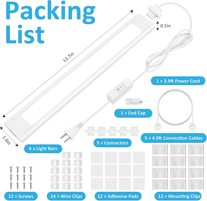 maylit Under Cabinet Lighting Plug in, 6 Pcs 14 Inch Linkable Ultra Bright LED Light Bars, Renter Friendly Lamp, Wired Indoor Lights for Kitchen Cabinet, Counter, Workbench, Desk, Shelf, Cool White