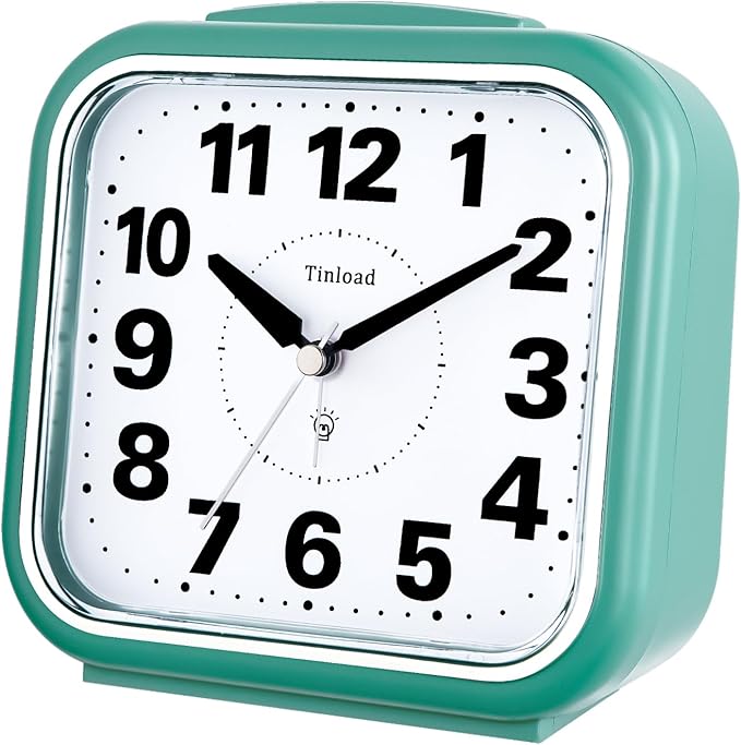 Tinload 5.5" Large No Ticking Analog Alarm Clock,Silent Readable for Seniors,Easy to Set,Gradual Rise Alarm,Big Numbers,Gentle Wake,Snooze, Lighted on Demand,Battery Operated,Green