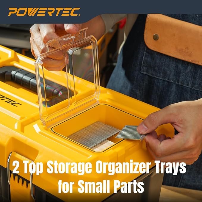 POWERTEC 22-Inch Tool Box with Trays - Lockable, Metal Latch, Organizer, Portable Storage for Tools, Small or Mid-Sized Parts (72363)