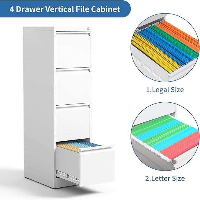 FLIXELIO 4 Drawer File Cabinet with Lock,Metal Vertical Filing Cabinets for Home Office,Heavy Duty File Storage Cabinet for Letter/Legal/A4/F4 Size File,Assembly Require (White, Vertical 4 Drawer)