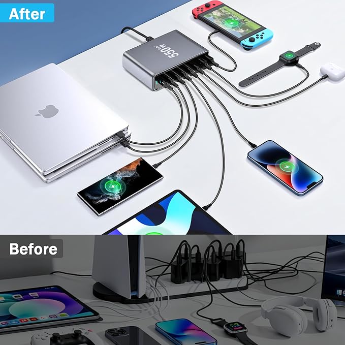 550W USB C Fast Charger Block, PD3.1 140W 8 Port USB Charging Station, GaN Ⅲ Pro PD PPS Fast Charging Station for Multiple Devices,Laptop Wall Charger Compatible with iPhone 17/iPad/MacBook etc