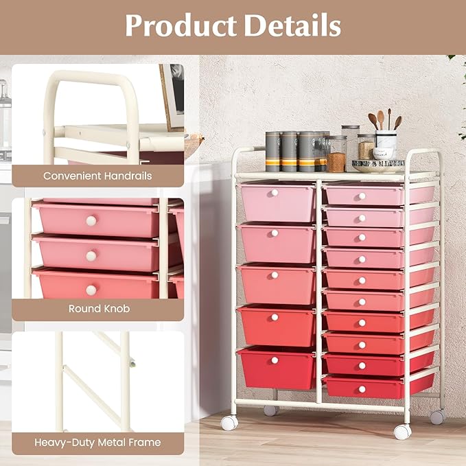 DORTALA 15-Drawer Rolling Storage Cart with Drawers, Rolling Utility Cart w/Removable Drawers & Universal Wheels, Tools Scrapbook Paper Organizer for School, Office, Home, Classroom (Gradient Pink)