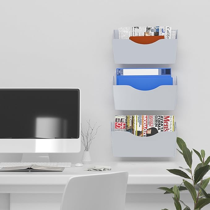 3-Pocket Magnetic File Holder - Wall Mount Mail Organizer for File Cabinets, Refrigerators, Whiteboards (Silver)
