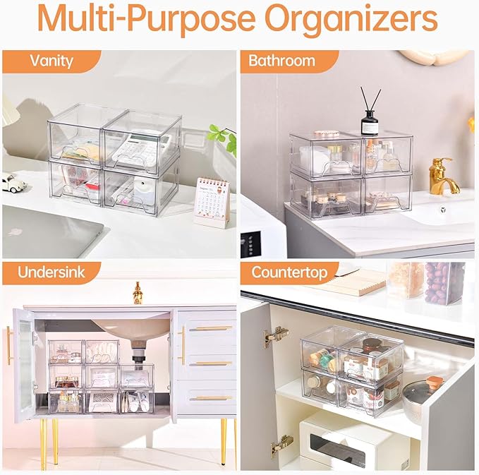 Stebopum 4 Pack Stackable Makeup Organizer, 4.4'' Tall Acrylic Bathroom Makeup Organizer and Storage Drawer with Pull-out Handle, Clear Plastic Storage Bins for Vanity,Pantry,Desk,Undersink,Kitchen