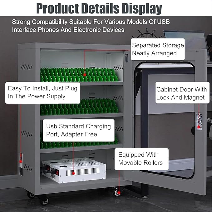 40-Slot Mobile Charging Station & Storage Cart - Secure Charging Locker Cabinet with Built-in Power, Wheels & Lock for Phones Portable Organizer for Classroom, Office, Hotel Use