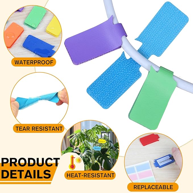 SummerBrite 36-Pack Large Cable Labels with 40 Write-On Stickers, Reusable 8-Color Wire Tags for Electronics, Cord ID & Cable Management for Home Office, PC Network - Rectangle