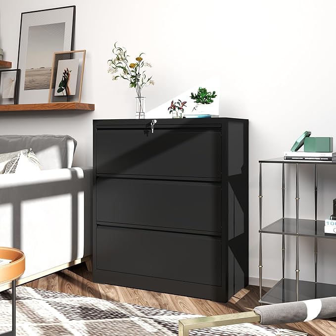 FLIXELIO 3 Drawer File Cabinet, Black Office Cabinets with Lock, Heavy Duty Metal Filing Cabinet for Home Office, Horizontal Lockable File Cabinet for Legal/Letter/A4 Size Files, Require Assembly