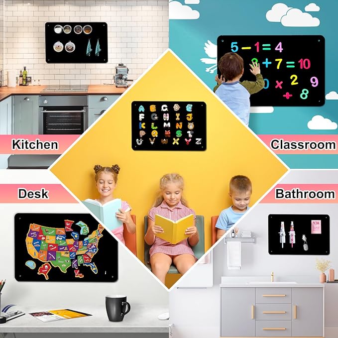 4 Pack Black Magnetic Board,17.5" x 11.4" Magnet Bulletin Board to Display Magnetic Notes, Poetry, Photos, Suitable for Wall, Refrigerator, Cabinet etc, Come with 16 Plastic Anchor Bolts and Screws