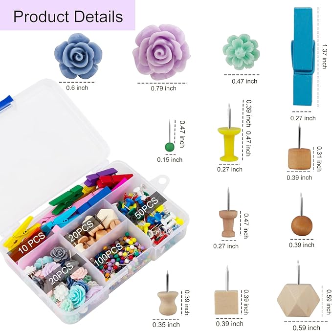 Push Pins,LYroo 200 Pcs Flower Thumb Tacks Wood Pin Board Map Tacks Marking Pins Assorted Colors Push Pin Clips for Cork Board Cute Desk Decor Accessories for Women Office Teacher Supplies