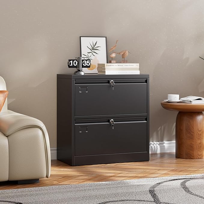 SUXXAN Metal 2 Drawer Lateral File Cabinet with Lock - Wide Filing Cabinet for Letter/Legal/F4/A4 Hanging Files - Includes Business Card Holder,Home Office School Storage,Black