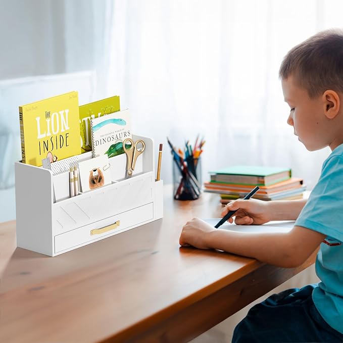 WISUCART Bamboo Desk Organizer Mail Holder Countertop Wood Desk Drawer Tabletop Storage Box Pen Holder Letter Sorter Makeup Organizer for School Home Office Supplies with Pen Holder White