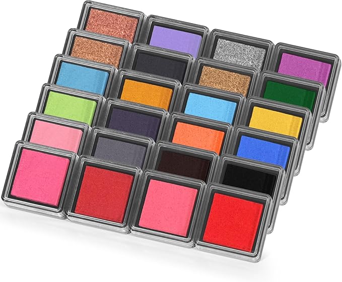 CraftyManor Mini 24 Color Pigment Ink Pads Set for Stamps, Fingerprint Ink Pad, Stamp Pad for Scrapbook Paper & Stamps for Classroom & Clothing Stamp & Letter Stamps, Archival
