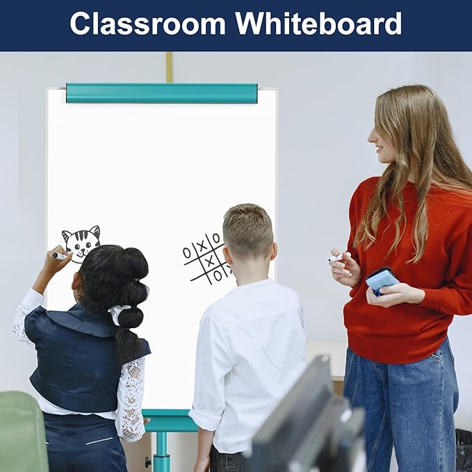 TSJ OFFICE Rolling Whiteboard Standing - 40 x 26 Inches Magnetic Mobile White Board with Stand, Height Adjustable Dry Erase Board on Wheels with Paper Clamp on Top, Blue