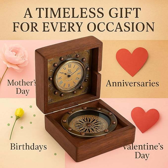 Handmade Brass Sundial Compass with Rosewood Box - Authentic Vintage Maritime & Nautical Decor, Collectible Gift for Him or Her