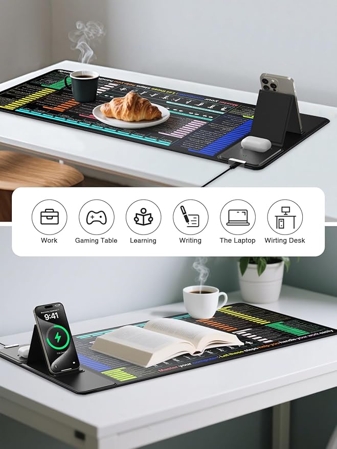 Mouse Pad for Excel/Word/PowerPoint/Windows Shortcut Keys, Desk Pad with Wireless Charger Phone Stand, XXL Large Excel Cheat Sheet Mousepad | PC Office Spreadsheet Desk Mat | Non-Slip Stitched Edge