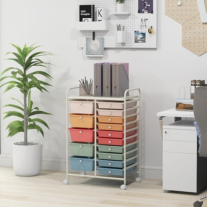 GLACER 15 Drawers Rolling Cart, Storage Cart with w/Removable Drawers & Steel Frame, Multipurpose Organizer Cart w/Sleek Handle, Utility Cart on Lockable Wheels for Home, School, Office (Colorful)