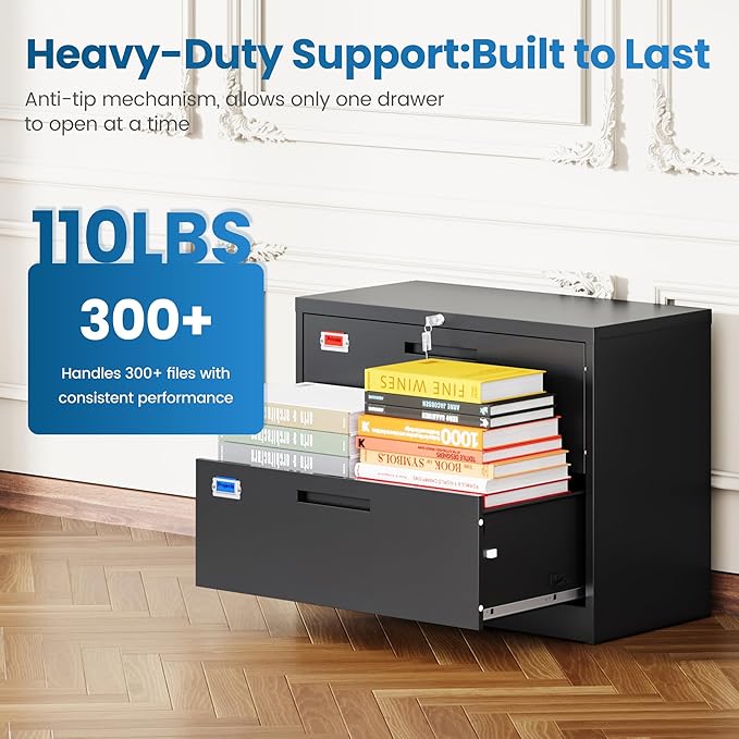 PEUKC 2 Drawer File Cabinet, Lateral Filing Cabinets for Home Office, Office Storage Drawers with Lock, Hanging Files Legal/Letter A4 Size (Assemble Required,Black)