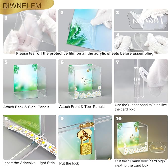 DIWNELEM Wedding Card Box with Lock&Light Large Letter Envelope Box Wedding Gift Card Box Money Box for Reception Baby Shower Birthday Party Graduation Decorations