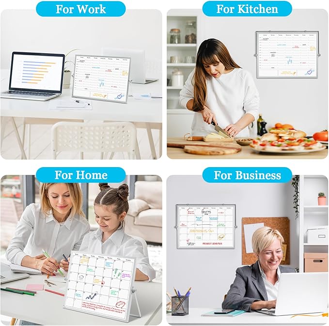 White Board Dry Erase Calendar Planner, Weekly Monthly Magnetic Schedule-Board with Time Slots, Portable Double-Sided Desktop Whiteboard with Stand for Planning, Memo, to Do List 16"×12"