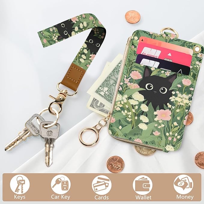 bolimoss Black Cat Lanyard Wallet with Id Badge Holder, Cute Flower Zippered Coin Pouch Credit Card Holder, Women Small Wallet with Removable Wristlet & Neck Lanyard, 5 Card Slots, Ring Keychain