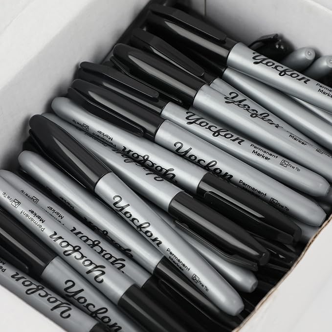 Yocfon Permanent Markers Bulk, 144 Count Black Permanent Markers Set, Fine Tip, Waterproof Markers, Works On Plastic, Wood, Stone And Metal For Doodling, Marking