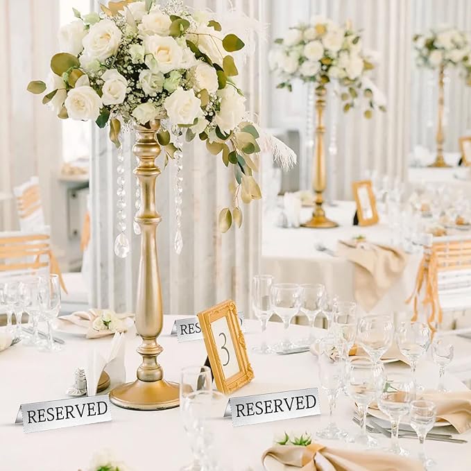 Milkary 30Pcs Metal Reserved Table Signs, Double Sided Reserved Seating Signs with Protect Film, Table Tent Stand Tents Reserved Sign for Wedding Restaurant Parties Ceremony 5.9 x 1.6 Inch Silver