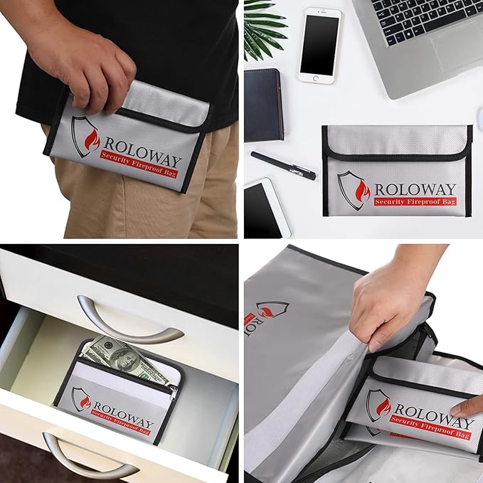 ROLOWAY Small Fireproof Bag (5 x 8 inches), Non-itchy Fireproof Money Bag for Cash, Valuables, Passport, Currency & Keys (2-Pack Silver)