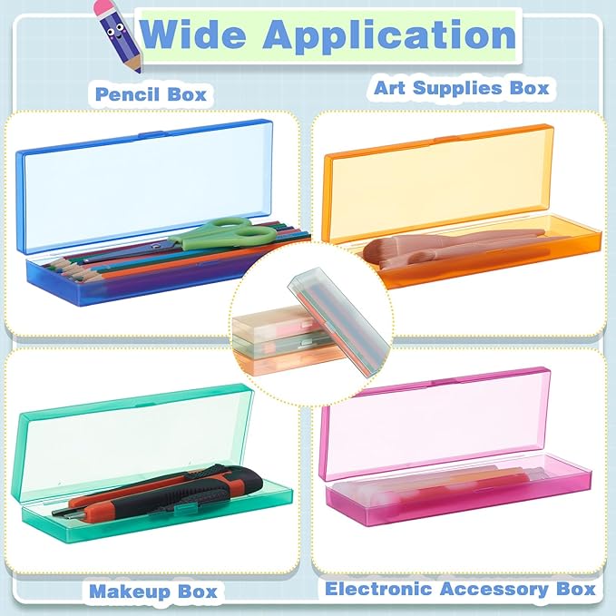 Fainne 24 Pcs Plastic Pencil Case Bulk Pencil Boxes Plastic Stationery Case Frosted Pen Box Pen Holder with Hinged Lid Snap Closure for Office(Single Layer,Assorted Colors,7.09 x 2.36 x 0.98 Inch)