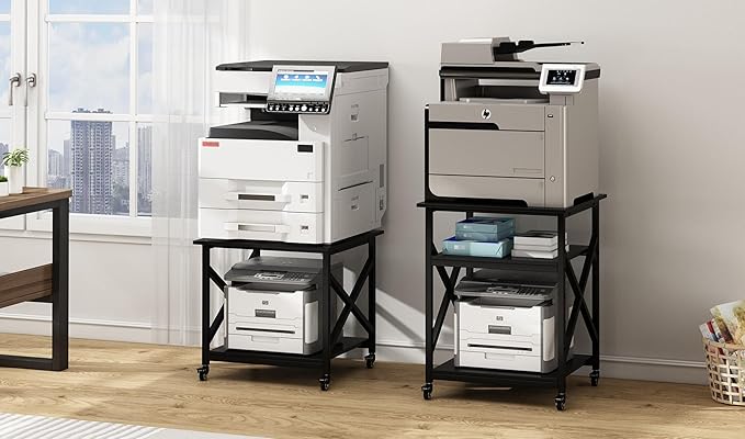 Fannova Printer Stand, 23.6 x 23.6 x 30.1 Inches Large Square Printer Table with Height Adjustable Storage Shelf, 3 Tier Rolling Printer Cart with Industrial Wheels for Home Office - Black