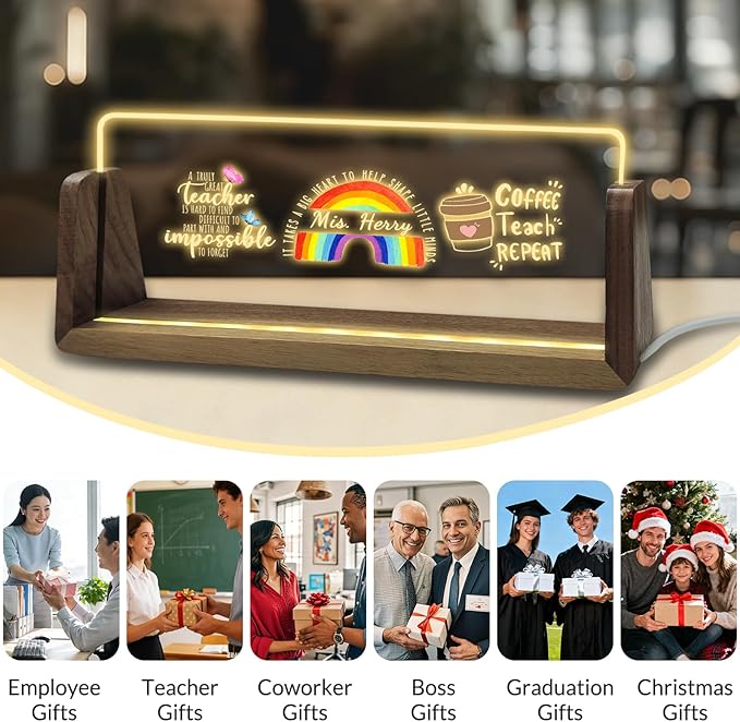Personalized Acrylic Light Up Name Plate for Desk Custom Desk Name Plate Sign with Warm LED Light & Wooden Base Customized Office Accessories for Boss Teacher Employee