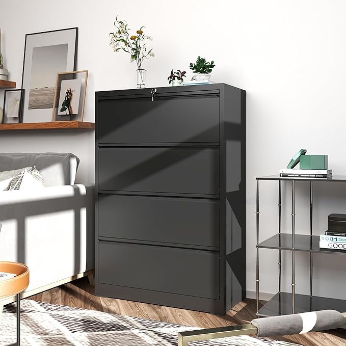 FLIXELIO File Cabinets 4 Drawer,Metal Office Storage Filing Cabinet with Lock,Black Lateral Filing Cabinet for Home Office,Horizontal Locking File Cabinet for Legal/Letter/A4 Files,Assembly Required