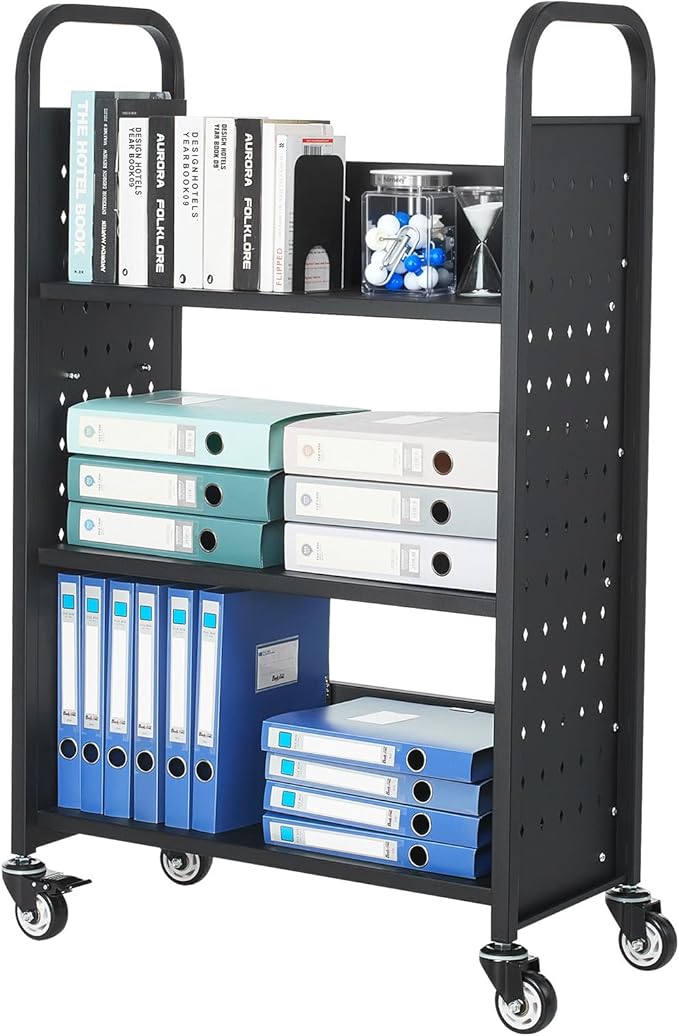 VEVOR Rolling Library Book Cart, 330 lbs Capacity, 30.3 x 15 x 48.0-Inch Library Cart, Single Sided L-Shaped Shelves with 3-Inch Lockable Wheels, Book Truck for Home Shelves Office and School, Black