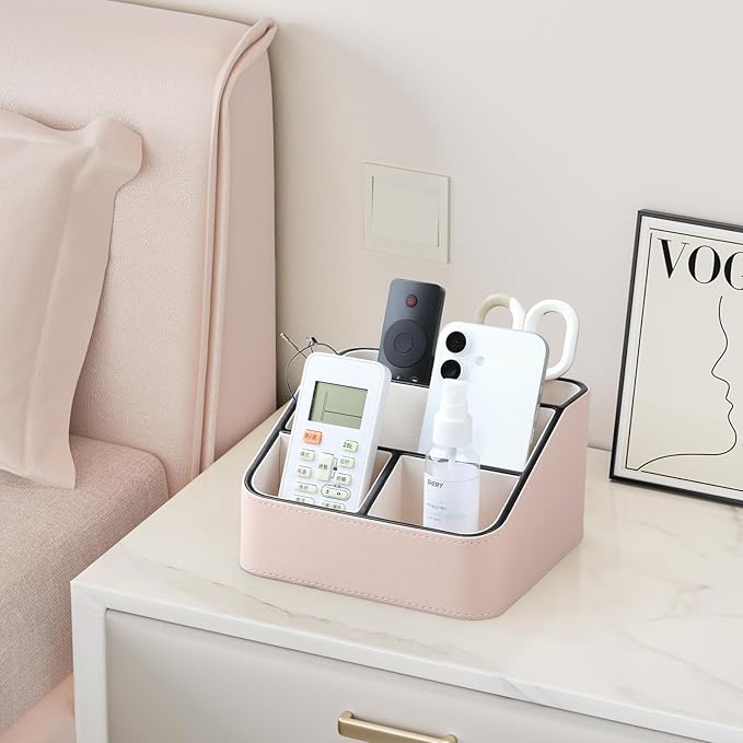 MEIBOOCH Remote Control Holder, PU Leather Small Desk Organizer with 4 Compartments, Nightstand Organizer Desk Caddy for Remote, Notepad, Phone, Glasses, and Accessories (Pink)