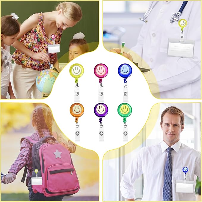 6Pcs Cute Badge Reel Set – Happy Face Retractable Badge Holder with Clip, ID Badge Reel for Nurses, Teachers, Hospital, Office & School (Pastel)