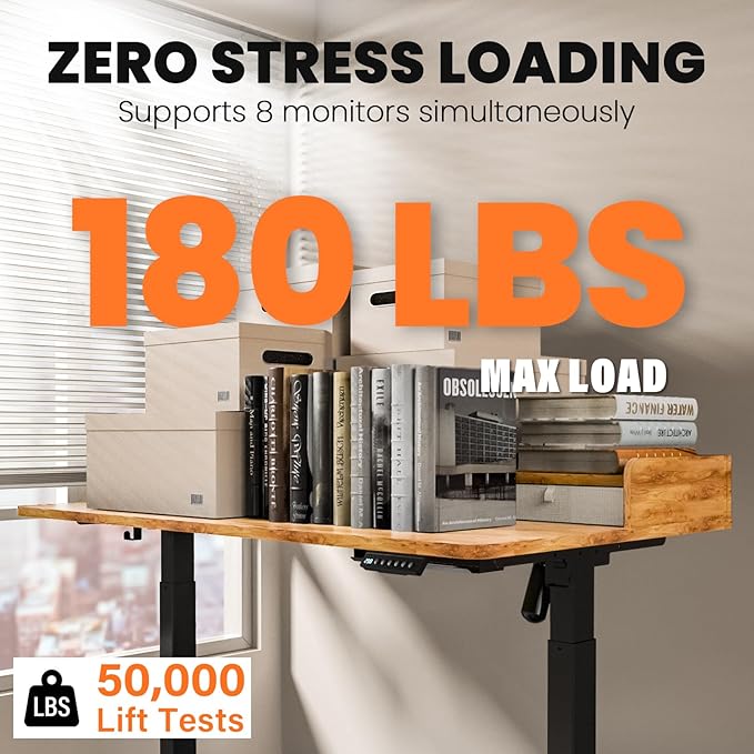 Kingant 55 x 30 Inch Electric Standing Desk with Dual Drawers, Adjustable Height Computer Desk for Home Office, Large Workstation Sit Stand Up Desk with Built-in Storage Shelf, Light Rustic Brown