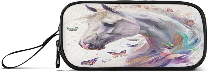 BOENLE White Horse Butterflies Pencil Case Box Boys Girls Large Pencil Pouch with Zipper Compartments Big Capacity Stationery Pen Bag Organizer for Kids Teens Adults School