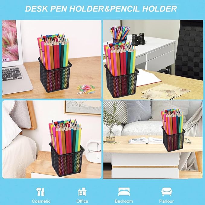 SNOW COOLER Pen Holder Pencil Holder Metal Pen Holder Cup Pencil Holder for Desk Office Pen Pencil Organizer for Desk Black, Square 4 Pack