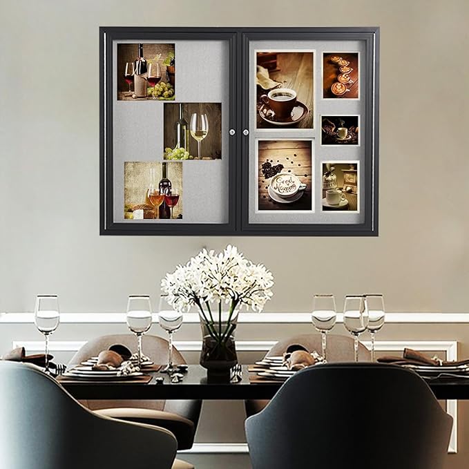 48x36 Inch Lockable Enclosed Bulletin Board, Weather-Resistant Outdoor Noticeboard with 2 Locking Doors, Wall-Mounted Black Aluminum Frame & Grey Felt Presentation Board