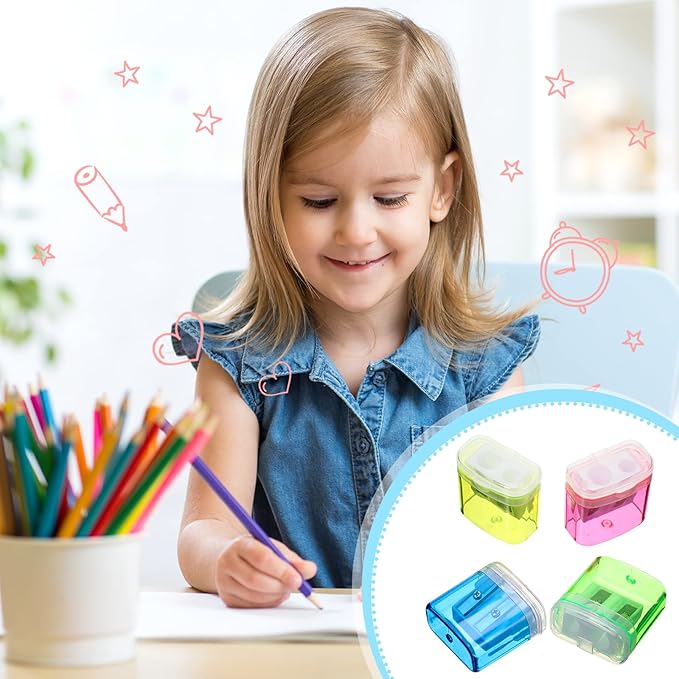 96 Pieces Pencil Sharpeners for Kids Colored Pencil Sharpeners Manual Double Hole Pencil Sharpener with Lid Hand Held Pencil Sharpener with Cover to Catch Shavings for School Office Home